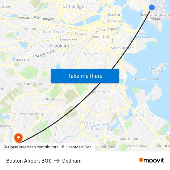 Boston Airport BOS to Dedham map