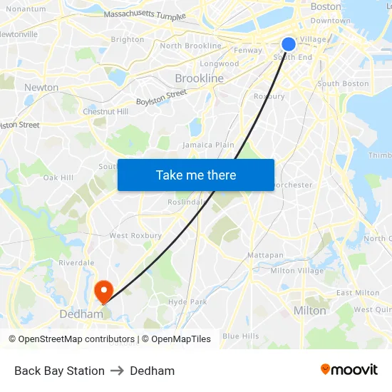 Back Bay Station to Dedham map