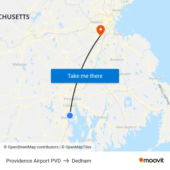 Providence Airport PVD to Dedham map