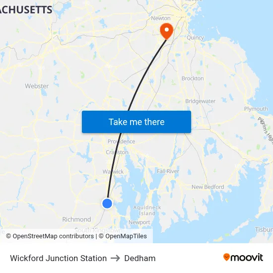 Wickford Junction Station to Dedham map