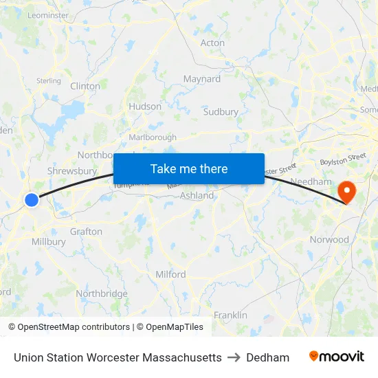 Union Station Worcester Massachusetts to Dedham map