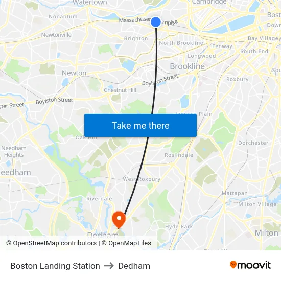 Boston Landing Station to Dedham map