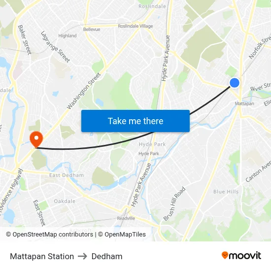 Mattapan Station to Dedham map