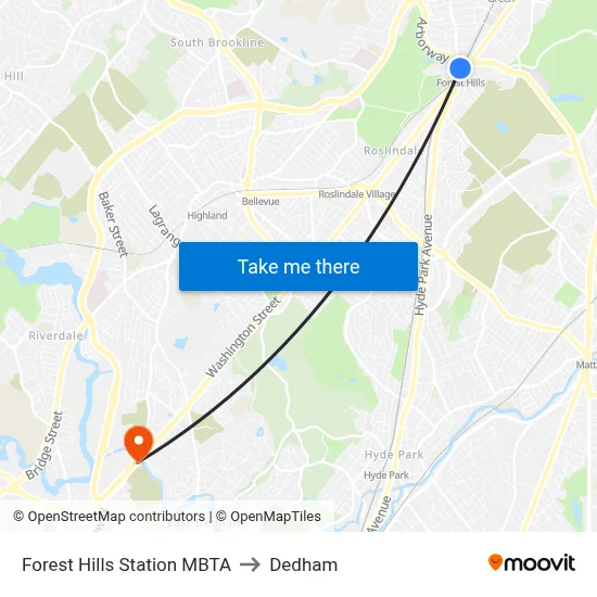 Forest Hills Station MBTA to Dedham map