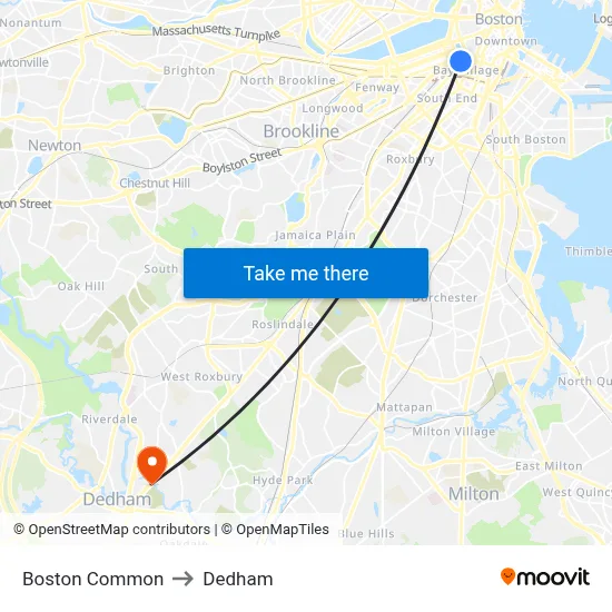 Boston Common to Dedham map