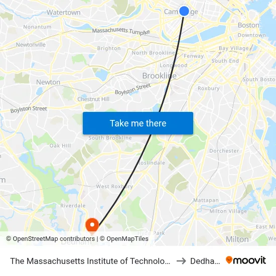 The Massachusetts Institute of Technology to Dedham map