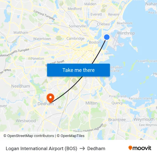Logan International Airport (BOS) to Dedham map