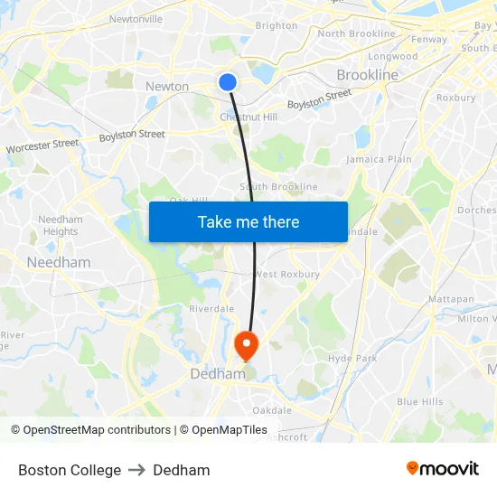 Boston College to Dedham map