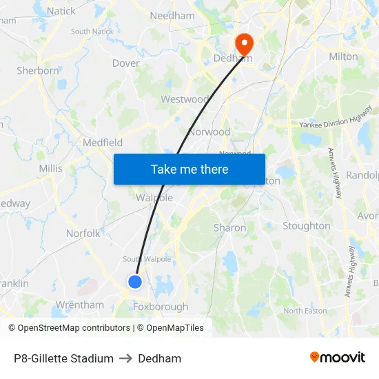 P8-Gillette Stadium to Dedham map