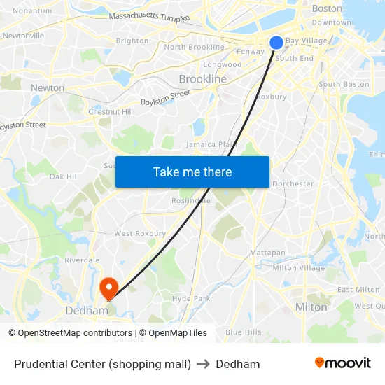 Prudential Center (shopping mall) to Dedham map