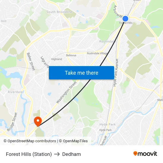 Forest Hills (Station) to Dedham map