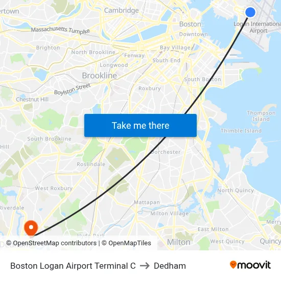Boston Logan Airport Terminal C to Dedham map