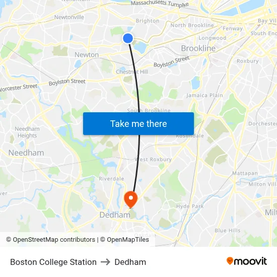 Boston College Station to Dedham map