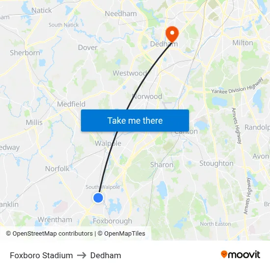 Foxboro Stadium to Dedham map