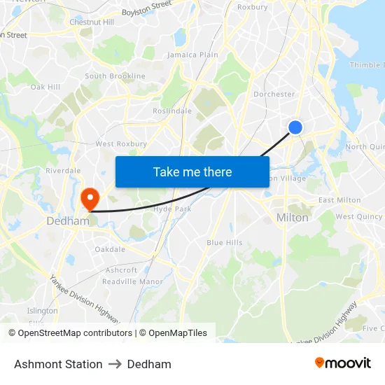 Ashmont Station to Dedham map