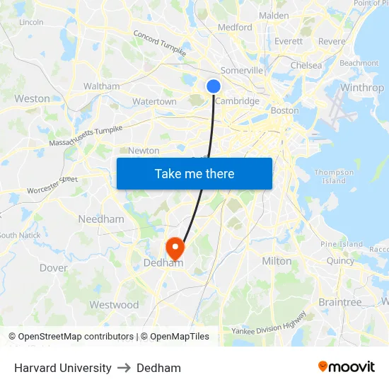 Harvard University to Dedham map