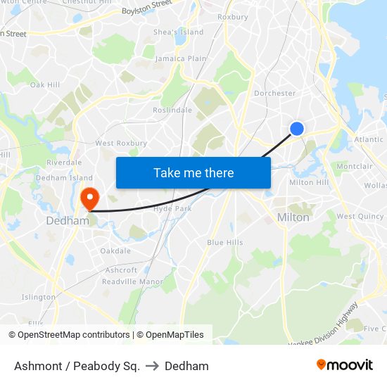 Ashmont / Peabody Sq. to Dedham map