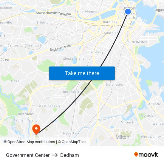 Government Center to Dedham map