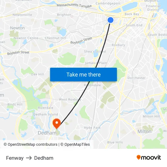 Fenway to Dedham map