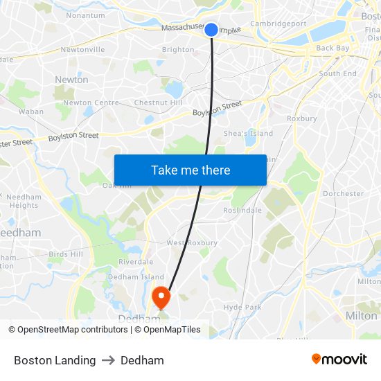 Boston Landing to Dedham map