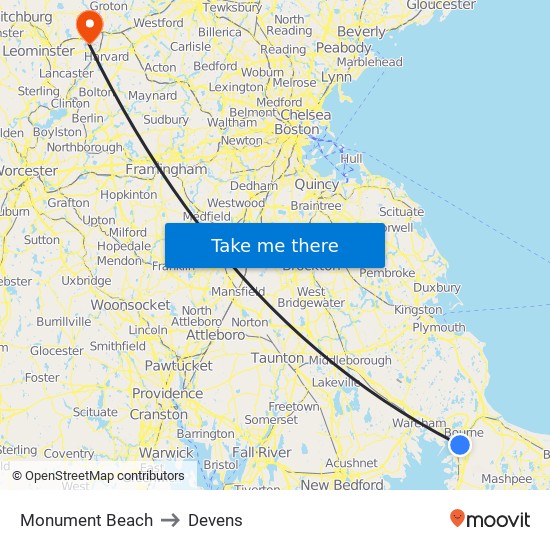 Monument Beach to Devens map