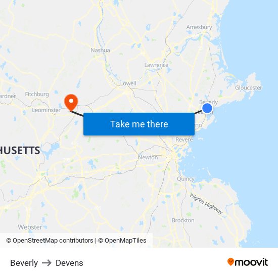 Beverly to Devens map