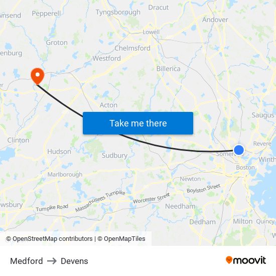 Medford to Devens map