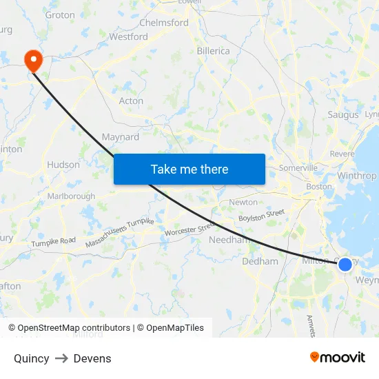 Quincy to Devens map
