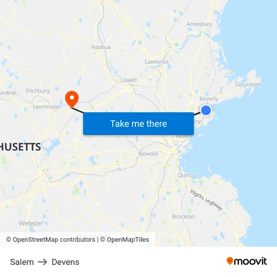 Salem to Devens map
