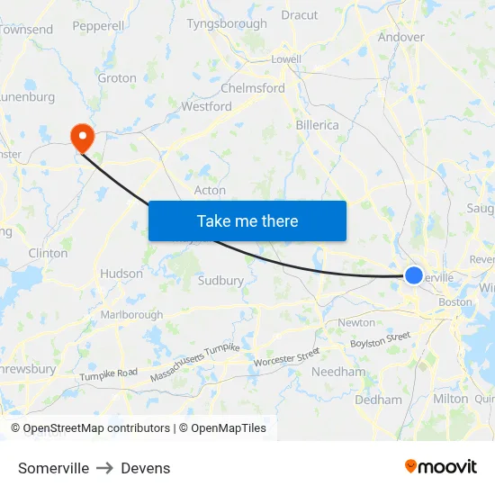 Somerville to Devens map
