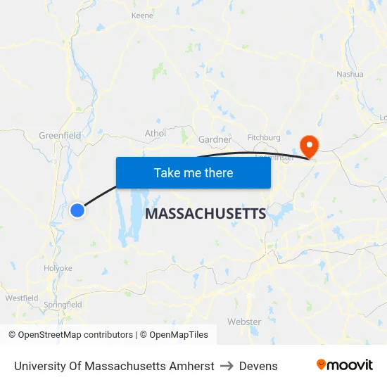 University Of Massachusetts Amherst to Devens map