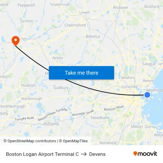 Boston Logan Airport Terminal C to Devens map