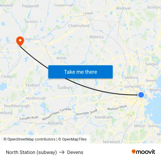 North Station (subway) to Devens map