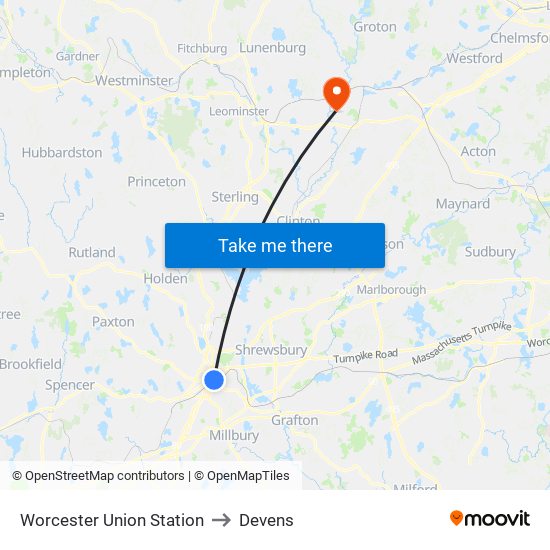 Worcester Union Station to Devens map