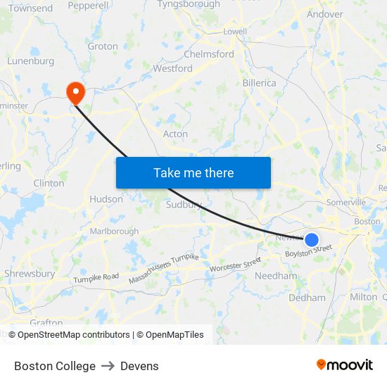 Boston College to Devens map