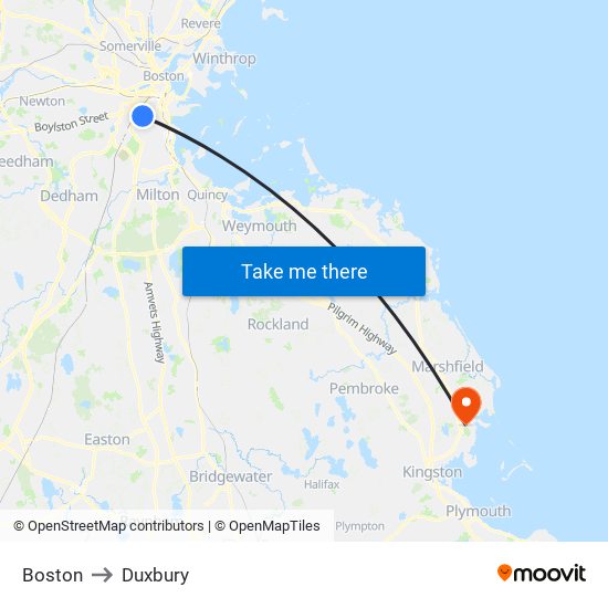 Boston to Duxbury map