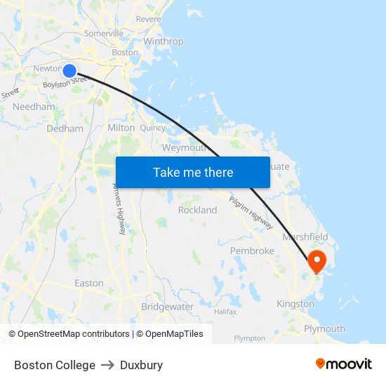 Boston College to Duxbury map