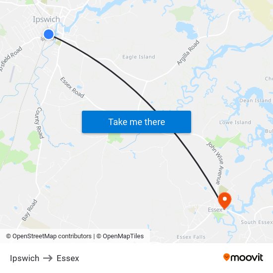 Ipswich to Essex map