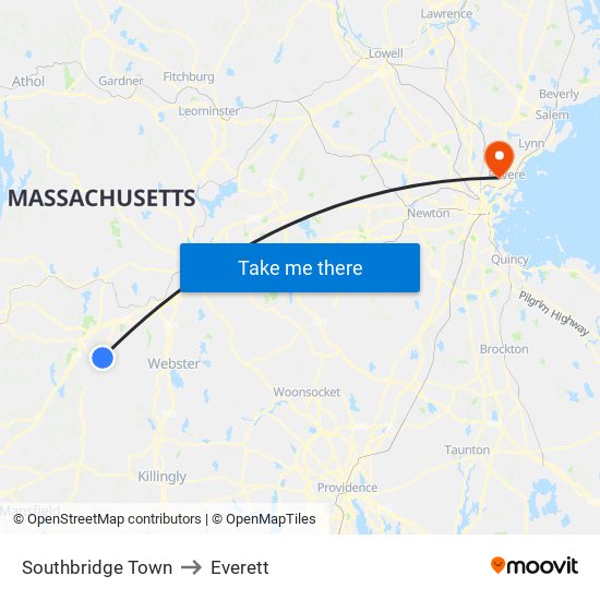 Southbridge Town to Everett map