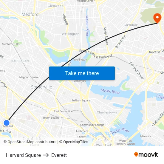 Harvard Square to Everett map