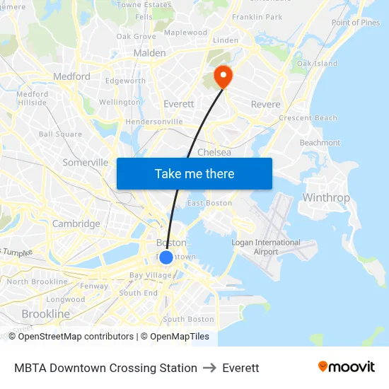 MBTA Downtown Crossing Station to Everett map