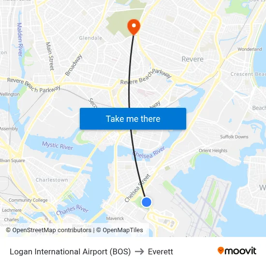 Logan International Airport (BOS) to Everett map