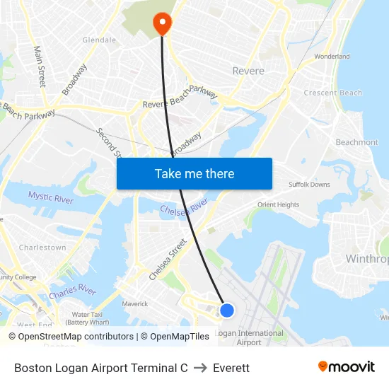 Boston Logan Airport Terminal C to Everett map
