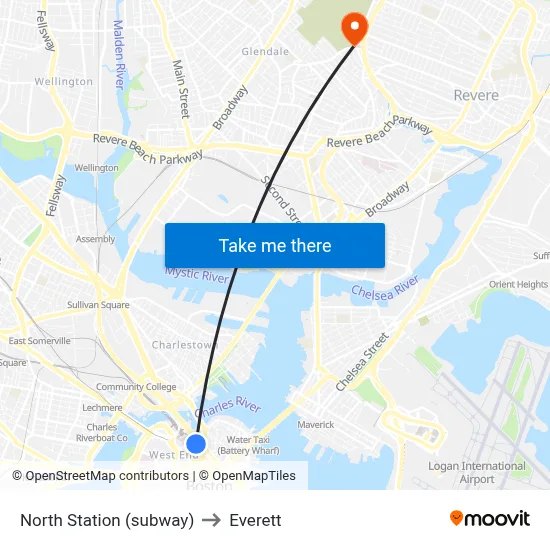 North Station (subway) to Everett map
