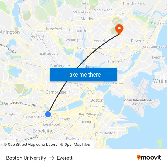 Boston University to Everett map