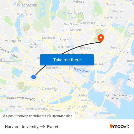 Harvard University to Everett map