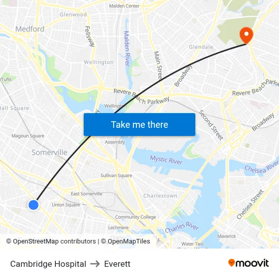 Cambridge Hospital to Everett map