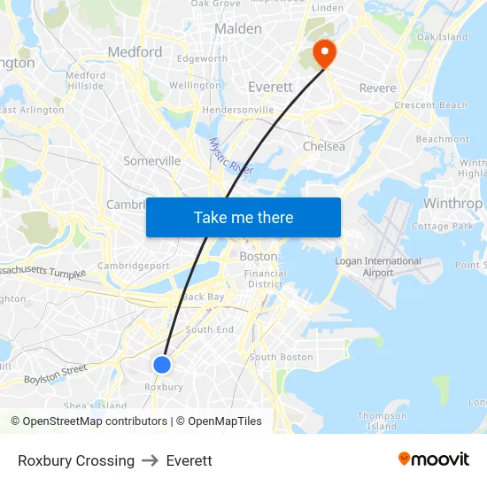 Roxbury Crossing to Everett map
