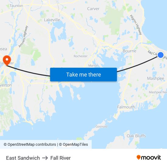 East Sandwich to Fall River map