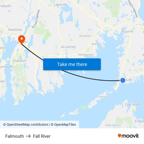 Falmouth to Fall River map